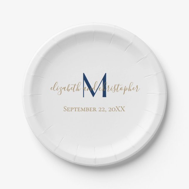 Monogrammed Name Initials Blue Gold Wedding  Paper Plates (Front)