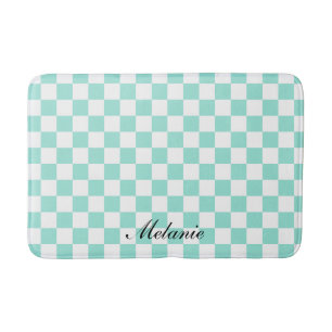 Monogrammed Name Modern Mint and White Checkered Bath Mat