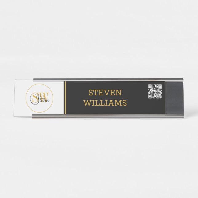 Monogrammed Name & Modern Signature / QR Code Desk Name Plate (Front)