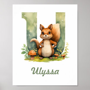 Monogrammed Name Nursery Poster Woodland Letter U