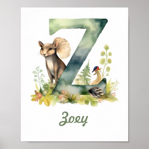 Monogrammed Name Nursery Poster Woodland Letter Z