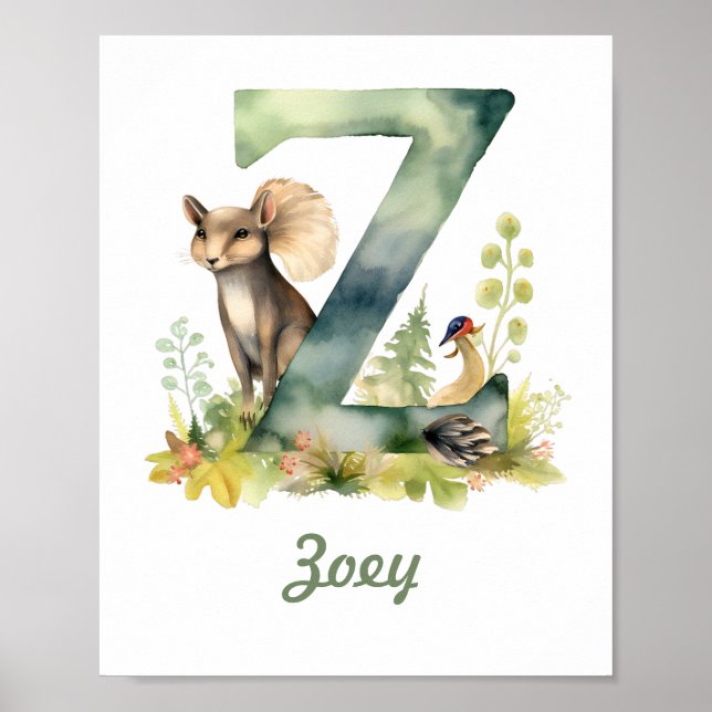 Monogrammed Name Nursery Poster Woodland Letter Z (Front)