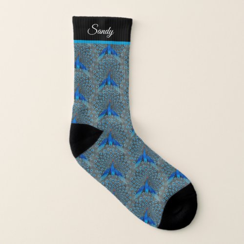 Monogrammed  Name Peacock Teal Blue  White  Socks