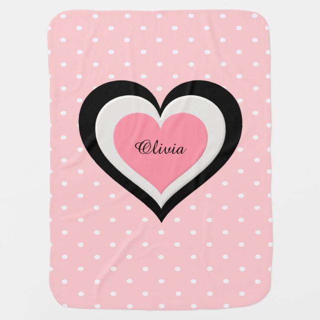 Monogrammed Name Pink Baby Blanket with Hearts (Front)