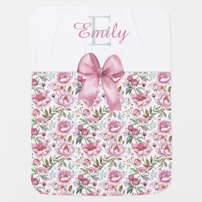 Monogrammed Name Pink Bow Baby Girl Baby Blanket (Front)