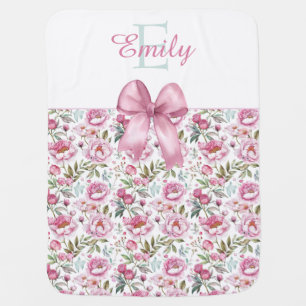 Monogrammed Name Pink Bow Baby Girl Blanket