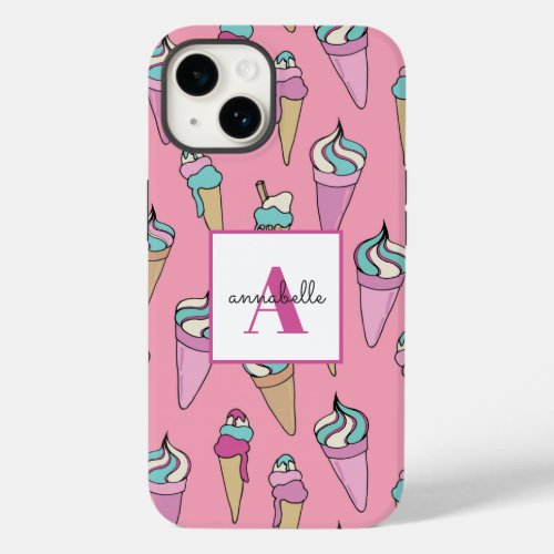 Monogrammed Name Pink Ice Cream Cone pattern Case_Mate iPhone 14 Case