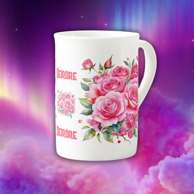 Monogrammed Name Pink Roses | Bone China Mug (Creator Uploaded)