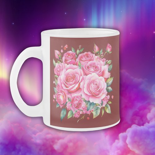 Monogrammed Name Pink Roses  Frosted Glass Coffee Mug
