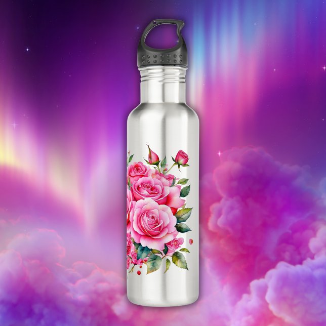 Monogrammed Name Pink Roses | Stainless Steel Water Bottle (Creator Uploaded)