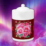 Monogrammed Name Pink Roses | Teapot<br><div class="desc">Pink and red roses with a monogrammed name on a burgundy background are for everyone who loves flowers.</div>