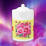 Monogrammed Name Pink Roses | Teapot<br><div class="desc">Pink and red roses with a monogrammed name on a light yellow background are for everyone who loves flowers.</div>