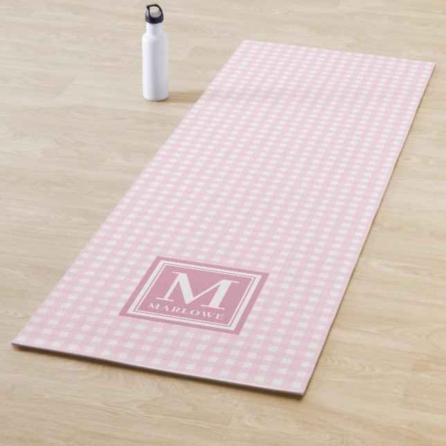 Monogrammed Name Pink White Gingham Pattern Yoga Mat (In Situ)
