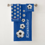 Monogrammed Name Soccer Football Blue Bath Towel Set at Zazzle