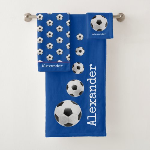 Monogrammed name Soccer football blue Bath Towel Set