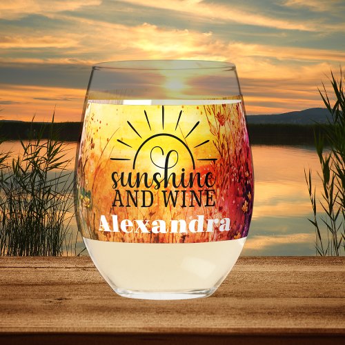 Monogrammed Name Sunshine and Wine wildflower Stemless Wine Glass