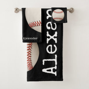 Monogrammed name, Vintage Baseball Black Bath Towel Set