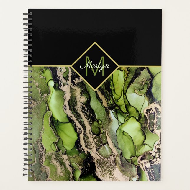 Monogrammed Named Black Green Gold Abstract Planner (Front)