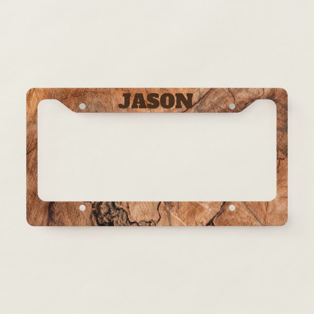 Monogrammed Natural Look Wooden Design License Plate Frame (Front)