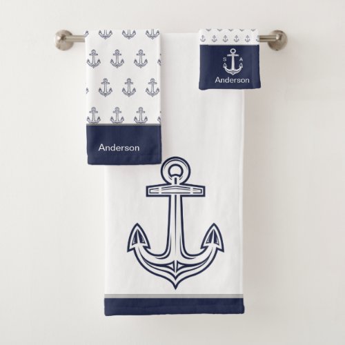 Monogrammed Nautical Anchor Blue White Coastal Bath Towel Set
