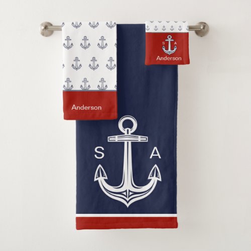 Monogrammed Nautical Anchor Blue White Red Coastal Bath Towel Set