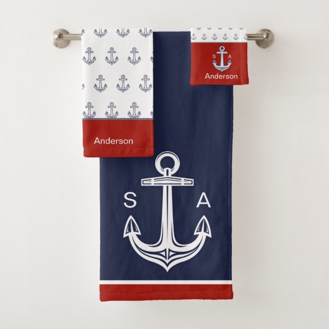 Monogrammed Nautical Anchor Blue White Red Coastal Bath Towel Set (Insitu)