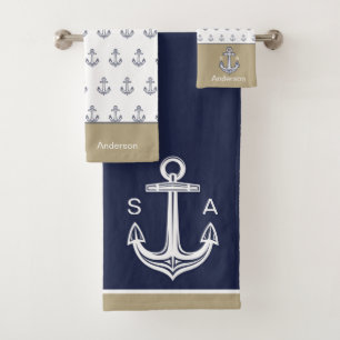 Monogrammed Nautical Anchor Blue White Tan Coastal Bath Towel Set