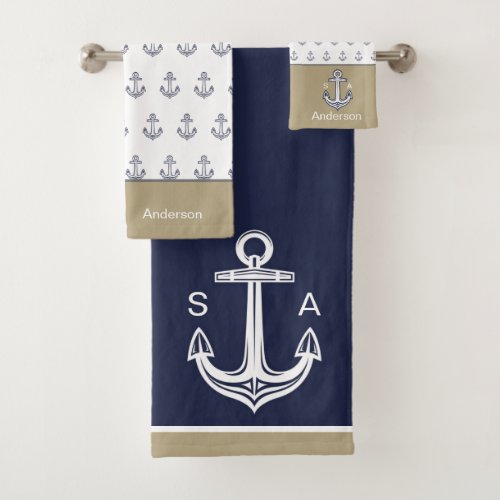 Monogrammed Nautical Anchor Blue White Tan Coastal Bath Towel Set