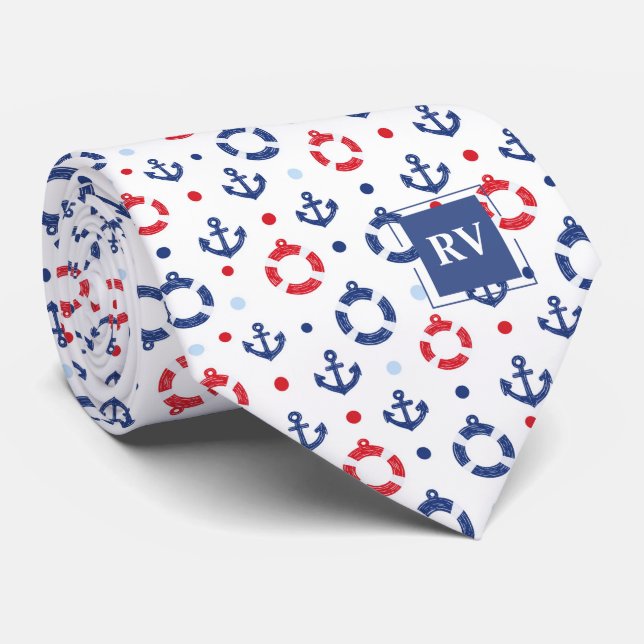 Monogrammed Nautical Anchors & Lifebuoys Neck Tie (Rolled)