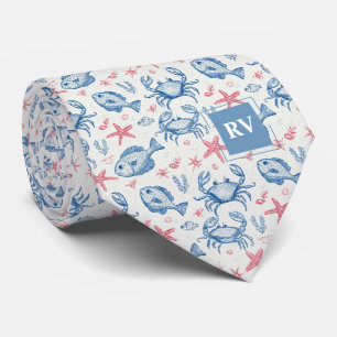 Monogrammed Nautical Blue and Red Crabs & Starfish Neck Tie