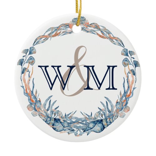 Monogrammed Nautical Blue Mauve Sea Shell Ornament