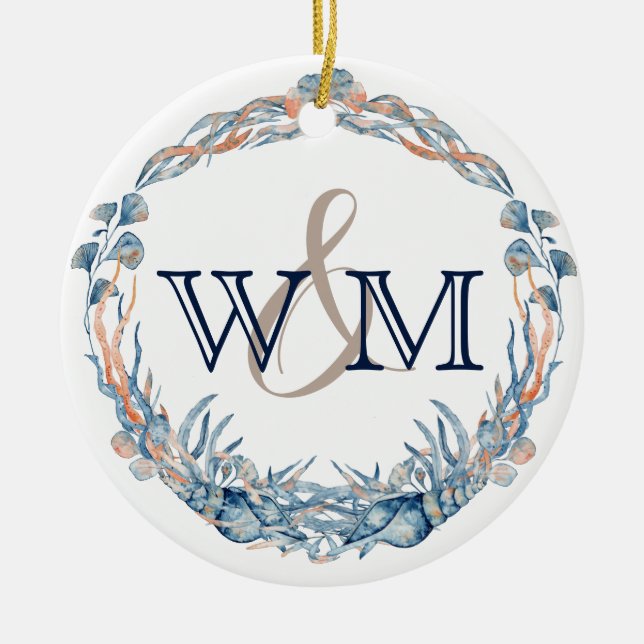Monogrammed Nautical Blue Mauve Sea Shell Ornament (Front)