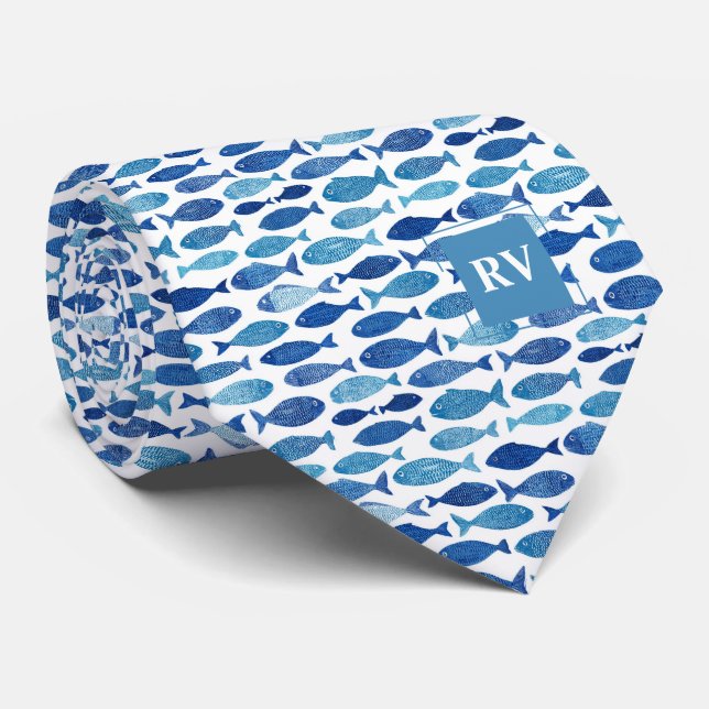 Monogrammed Nautical Blue School of Fish Neck Tie (Rolled)
