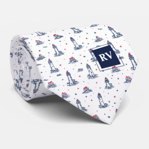 Monogrammed Nautical Lighthouses & Waves Neck Tie