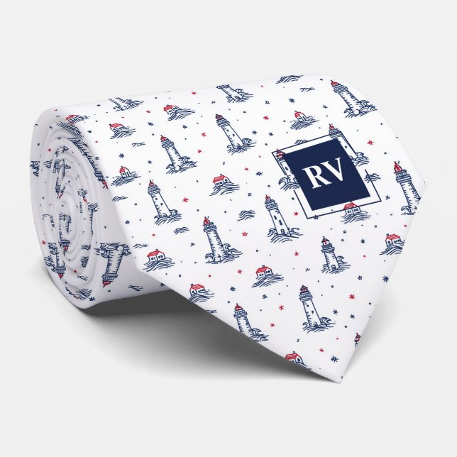 Monogrammed Nautical Lighthouses & Waves Neck Tie (Rolled)