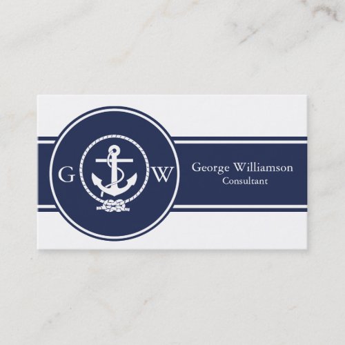 Monogrammed Nautical Navy Blue Anchor and Line Business Card