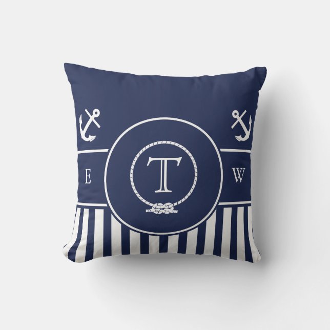 Monogrammed Nautical Navy Blue Anchor and Line Throw Pillow (Front)