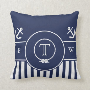 Monogrammed Nautical Navy Blue Anchor and Line Throw Pillow