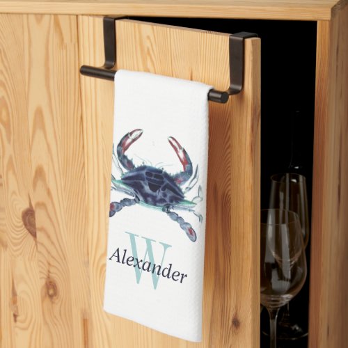 Monogrammed Nautical Navy Blue Gray Teal Crab  Kitchen Towel