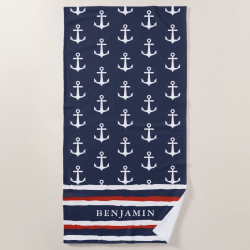 Monogrammed Nautical Navy Blue Red White Anchor Beach Towel