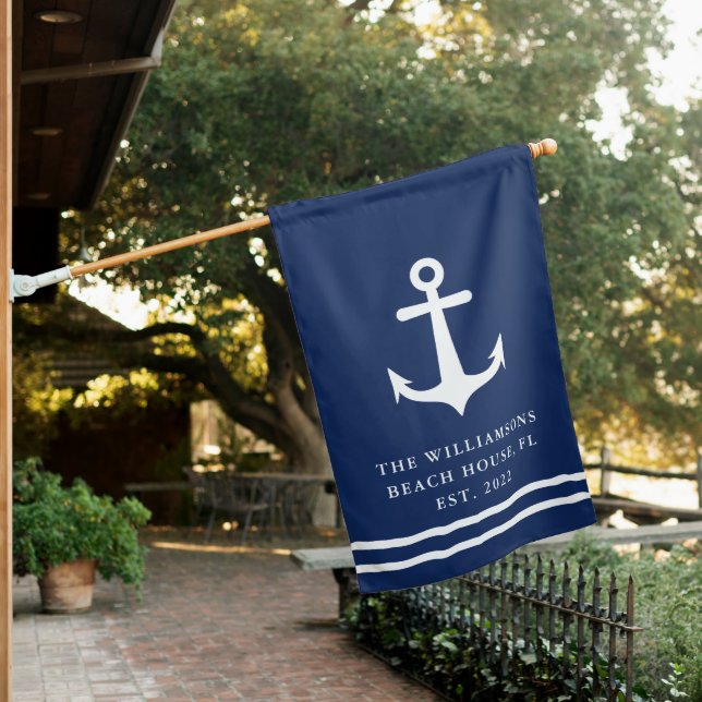 Monogrammed Nautical Navy Blue White Anchor Beach House Flag (In SItu)