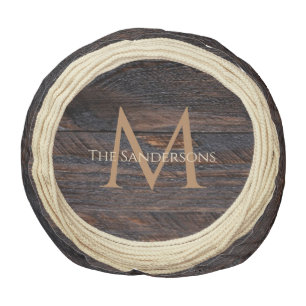 Monogrammed Nautical Rustic Wood Tone Rope Pouf