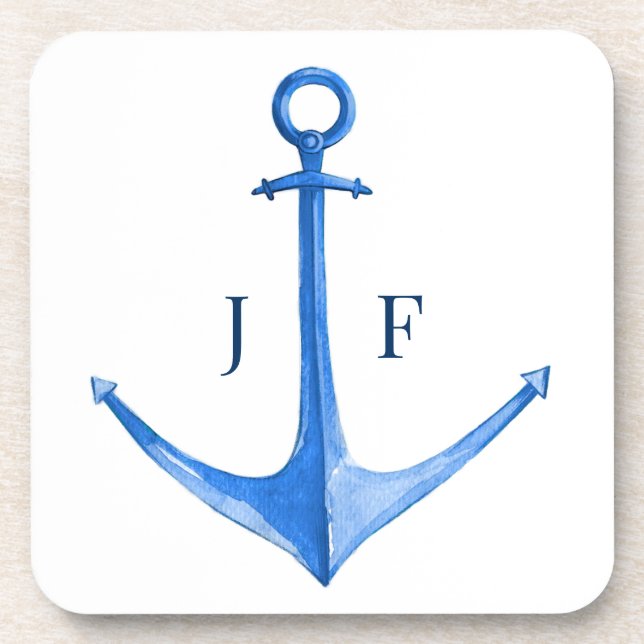 Monogrammed Nautical Watercolor Boat Anchor  Beverage Coaster (Front)