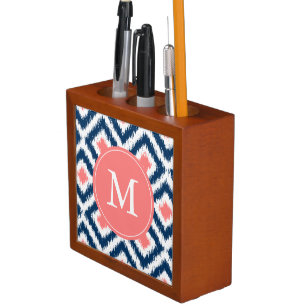 Monogrammed Navy and Coral Ikat Diamonds Pattern Pencil Holder