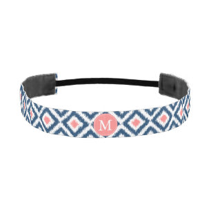Monogrammed Navy and Coral Ikat Pattern Athletic Headband