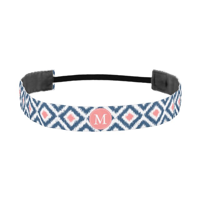 Monogrammed Navy and Coral Ikat Pattern Athletic Headband (Front)