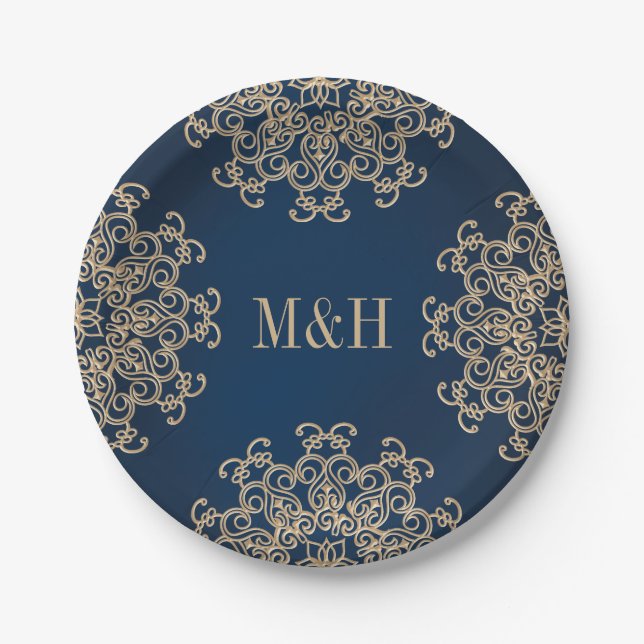 Monogrammed Navy and Gold Indian Style Wedding Paper Plates (Front)