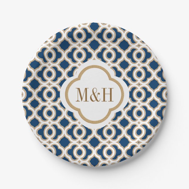 Monogrammed Navy and Gold Moroccan Wedding Paper Plates (Front)