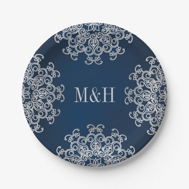 Monogrammed Navy and Silver Indian Style Wedding Paper Plates (Front)