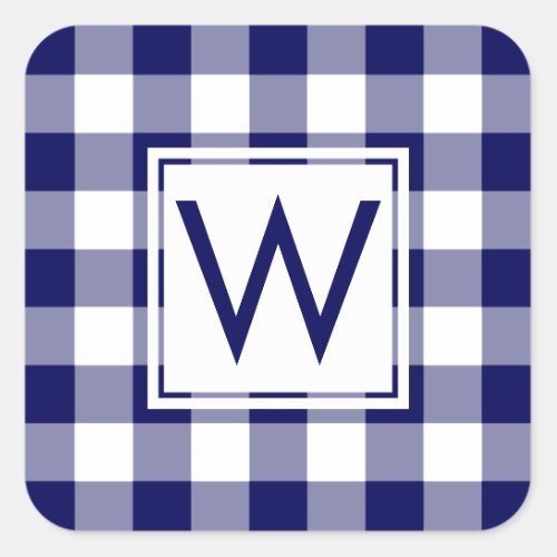 Monogrammed Navy and White Gingham Plaid Pattern Square Sticker